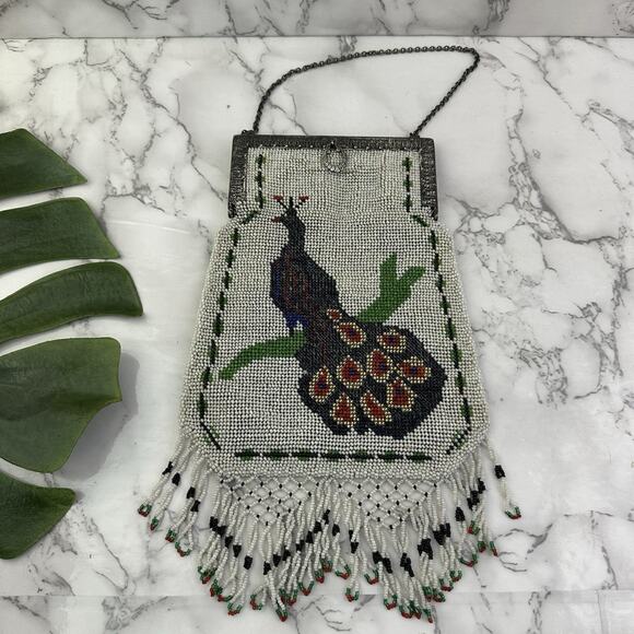 Unbranded Handbags - Vintage 70s Peacock Beaded Evening Bag Clutch Purse White Silver Frame Boho